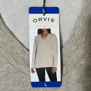 Orvis Women's Size L Tan Soft V-neck Sweatshirt; new w/ tags